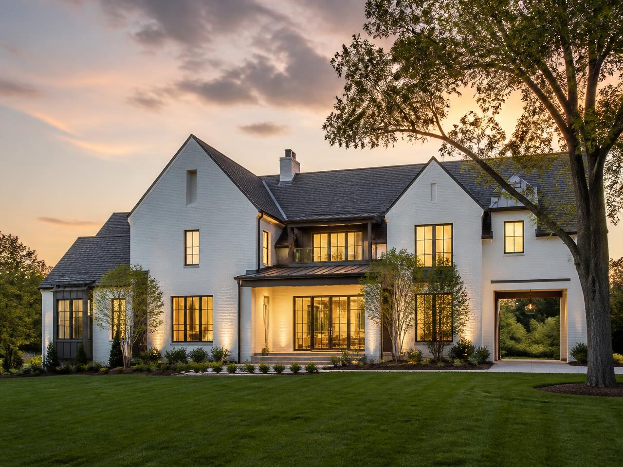 A modern American home exterior at dusk